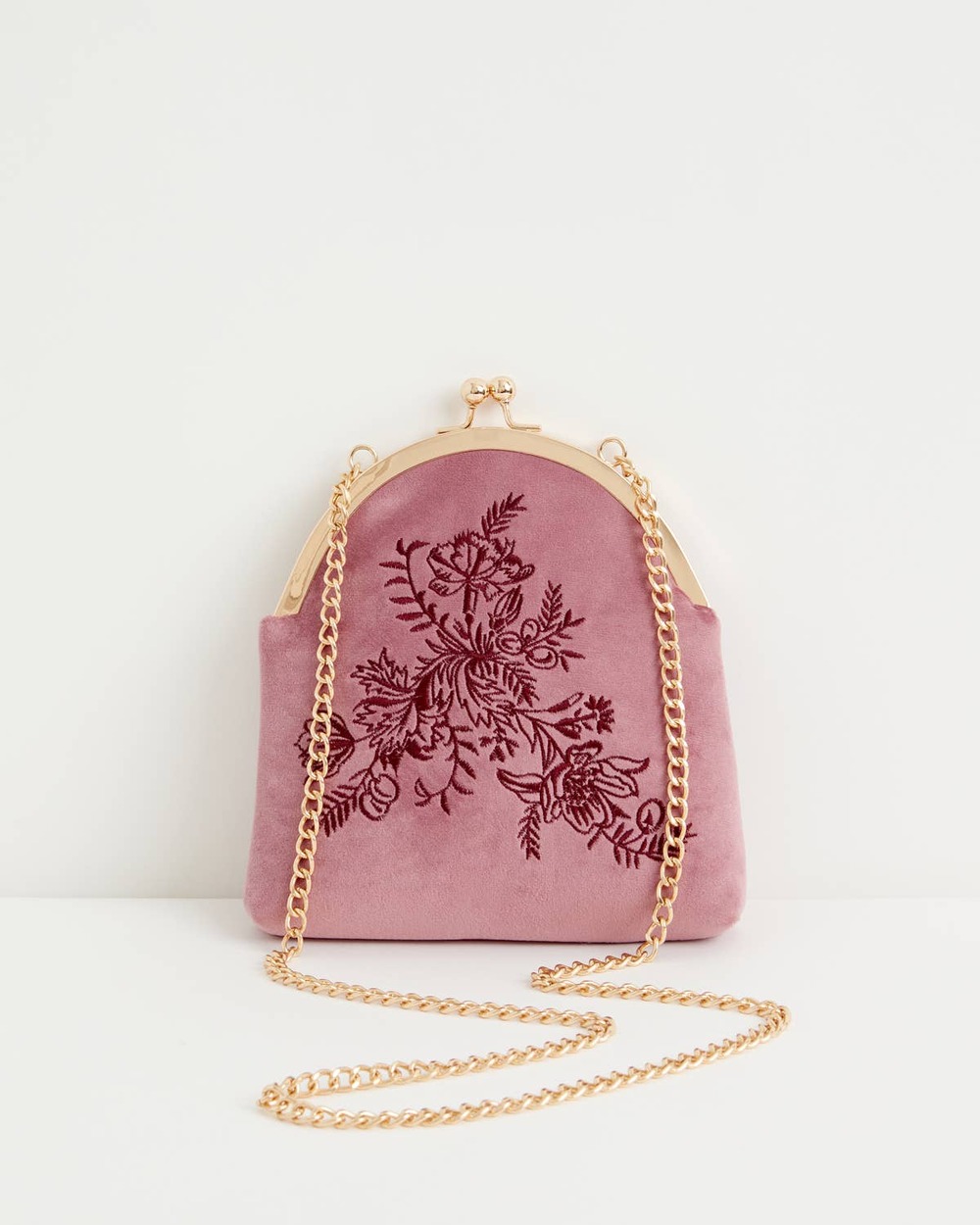 Fable England Rose Pink Velvet Victoriana Embroidered Bag Gold Chain